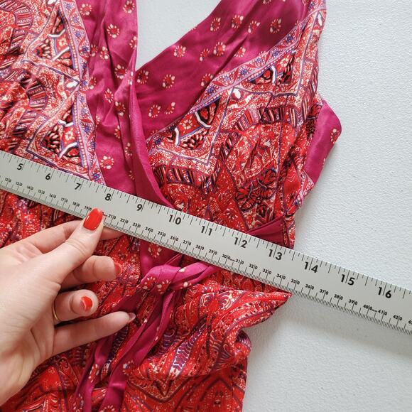 Free People Jumpsuit Womens 4 Pink Red Boho Wide Leg Sleeveless Wrap Tie Rayon - Picture 8 of 12